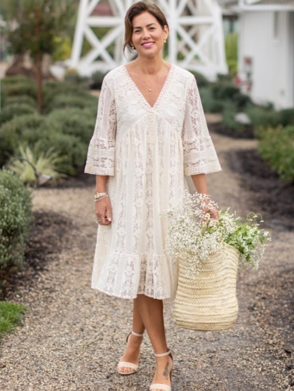 New Cream Lace Crochet Bell Sleeve Midi Dress Size Medium Oversized Baby Doll